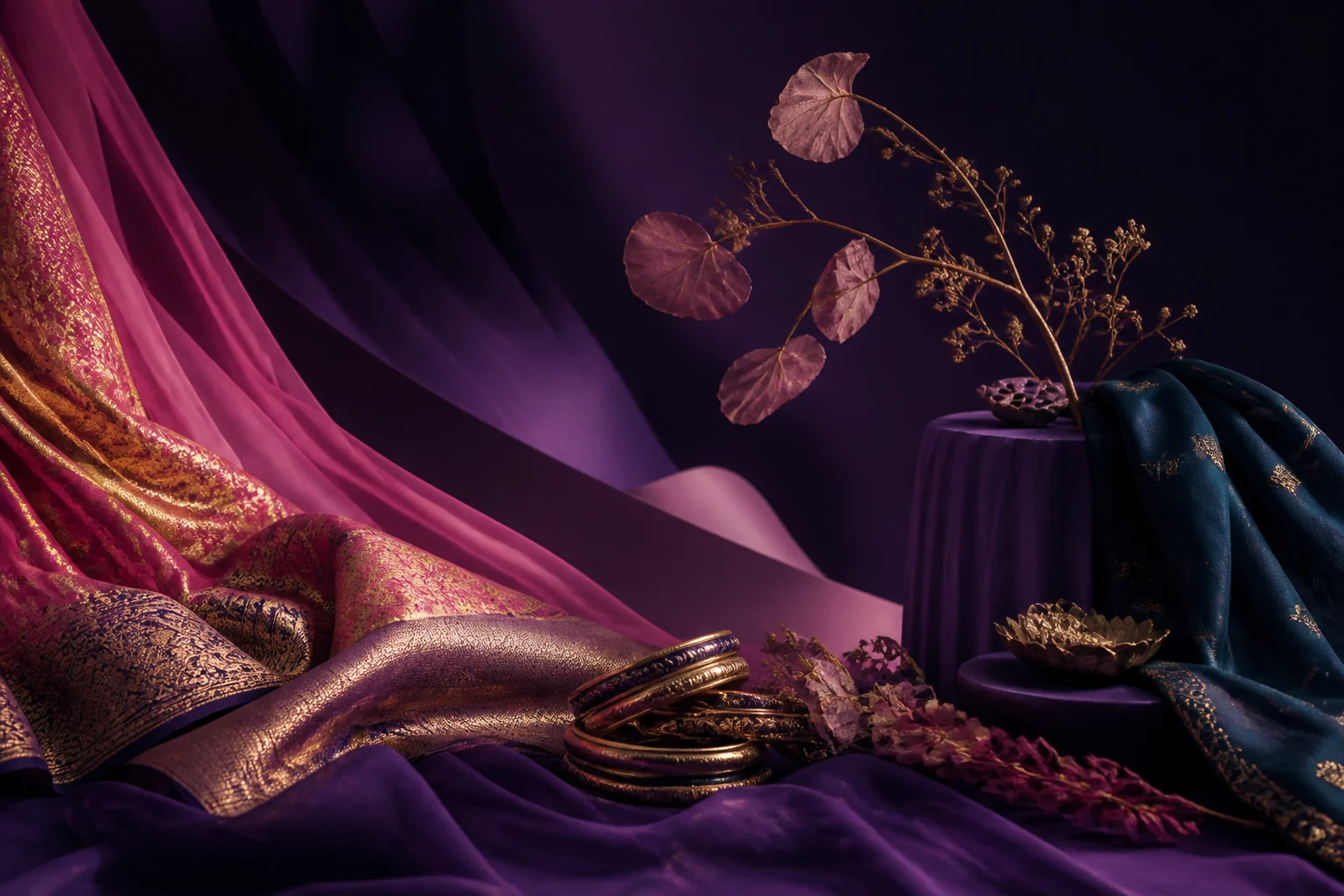 Luxury Indian textiles and bangles arranged in a violet editorial still life