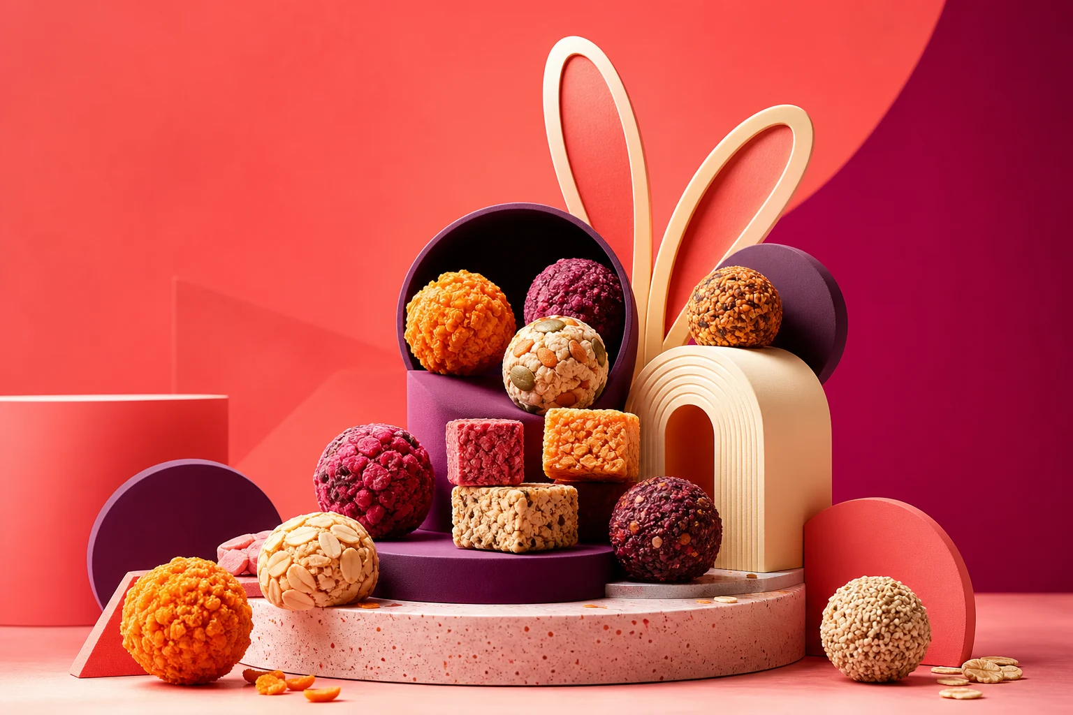 Colorful gourmet snack bites arranged in a playful studio scene