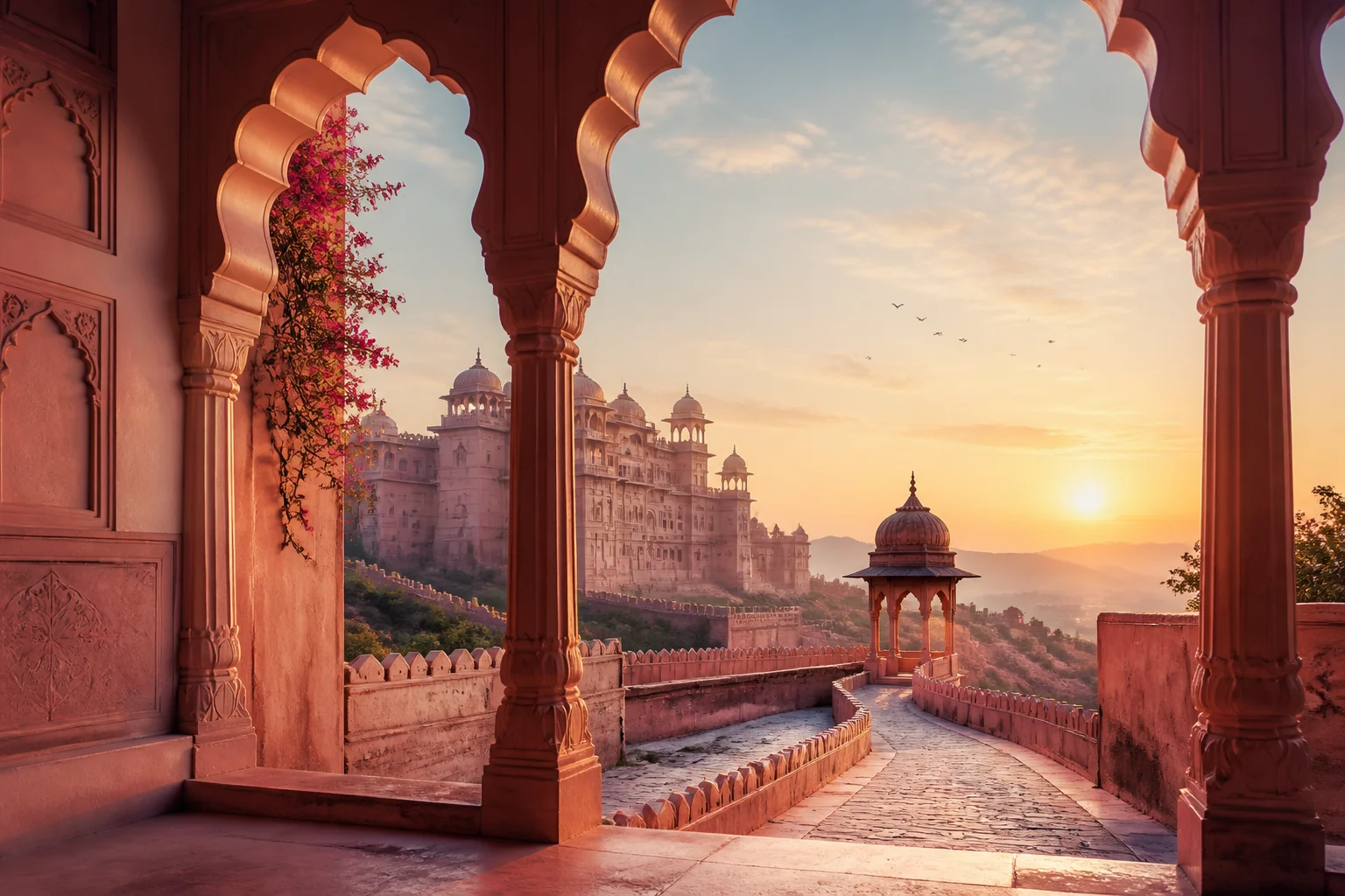 Jaipur-inspired sandstone arches opening toward a palace at sunrise