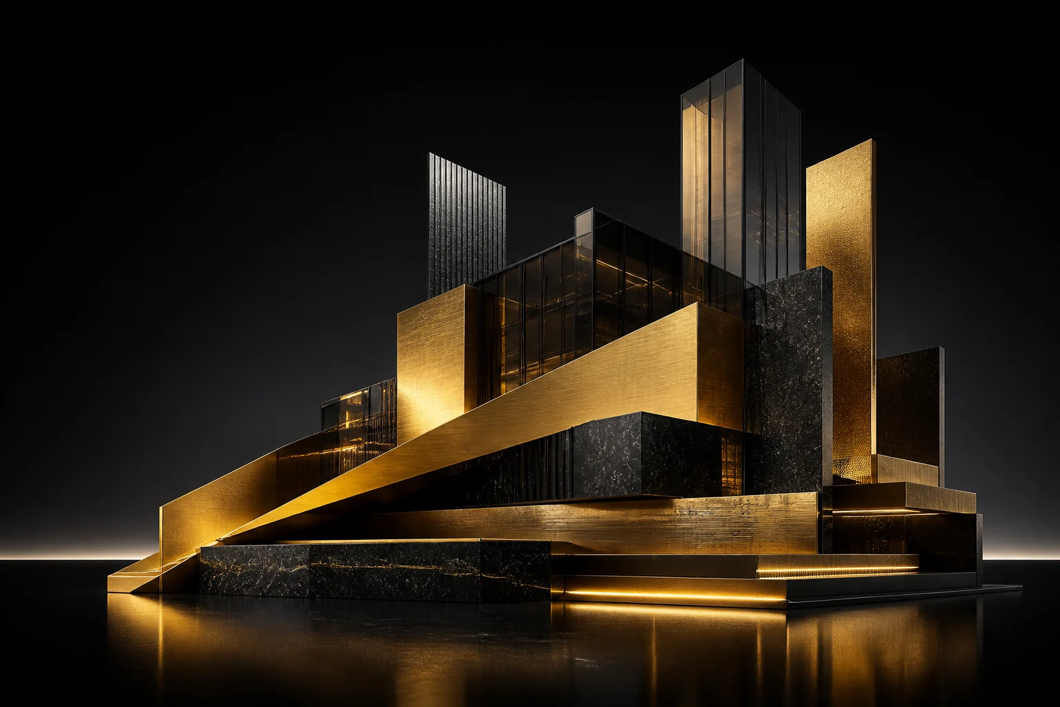 Abstract gold and black architectural forms in a dark studio