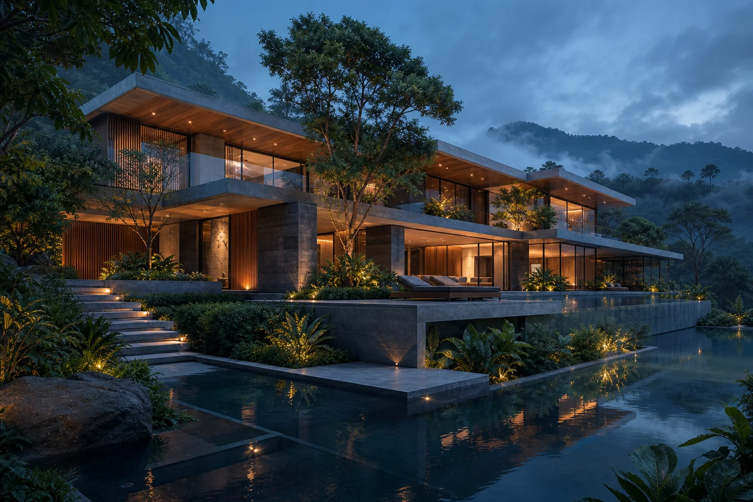 Contemporary hillside villa surrounded by lush landscape at dusk